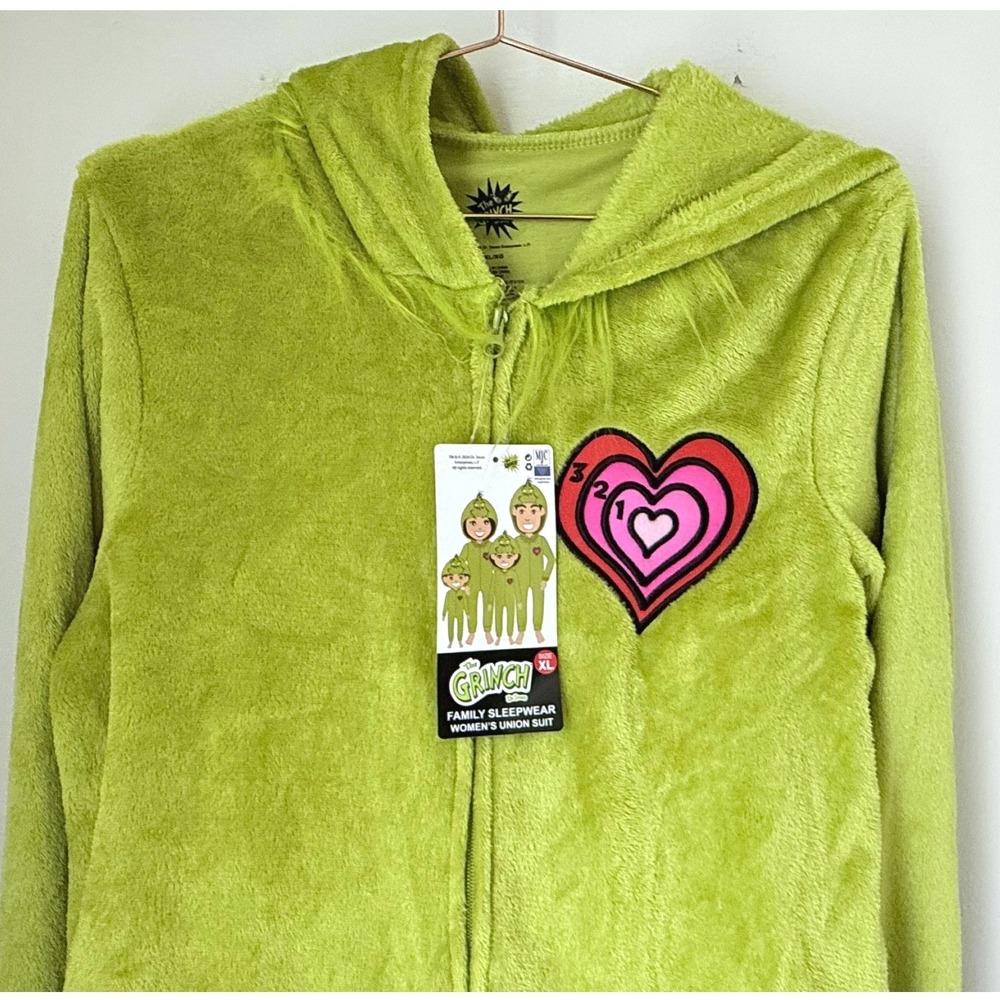 Dr Seuss The Grinch Womens Union Suit XL Green Plush Hooded Pajamas NWT